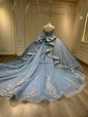 Ostty Blue Glitter Quinceañera Dress with Silver Lace and Giant Bow Train OST-QN032-25 (Wholesale)