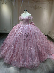 Ostty Rose Pink Glitter Quinceañera Dress with Sequined Net Overlay and Bow Back OST-QN045-25 (Wholesale)