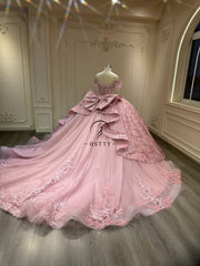 Ostty Rose Pink Glitter Quinceañera Dress with Sequined Net Overlay and Bow Back OST-QN045-25 (Wholesale)