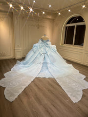 Ostty Ice Blue Royal Quinceañera Dress with High Neck and Oversized Bow OST-QN018-25 (Wholesale)