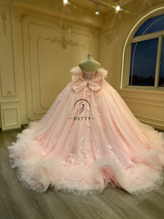 Ostty Blush Pink Puffy Quinceañera Dress with Ruffled Hem and Floral Appliqués OST-QN051-25 (Wholesale)