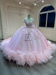 Ostty Light Pink Glitter Quinceañera Dress with Sequins and Layered Ruffle Skirt OST-QN052-25 (Wholesale)