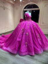 Ostty Fuchsia Glitter Quinceañera Dress with Floral Appliqué and Bow OST-QN019-25 (Wholesale)