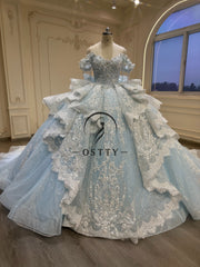 Ostty Blue Quinceañera Dress with Silver Lace and Layered Skirt OST-QN037-25 (Wholesale)