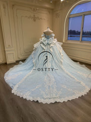 Ostty Blue Quinceañera Dress with Silver Lace and Layered Skirt OST-QN037-25 (Wholesale)