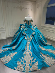 Ostty Peacock Blue Quinceañera Dress with Gold Embroidery and Layered Train OST-QN064-25 (Wholesale)