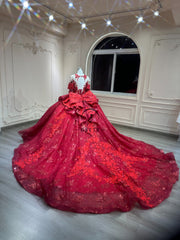 Ostty Red 3D Floral Quinceañera Dress with Glitter Tulle and Cascading Bow OST-QN061-25 (Wholesale)