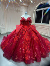 Ostty Red 3D Floral Quinceañera Dress with Glitter Tulle and Cascading Bow OST-QN061-25 (Wholesale)