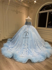 Ostty Light Blue Quinceañera Dress with Puffy Hem and Embroidered Tulle Skirt OST-QN062-25 (Wholesale)