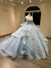 Ostty Ice Blue Embroidered Quinceañera Dress with Lace Appliqué and Bow Back OST-QN057-25 (Wholesale)