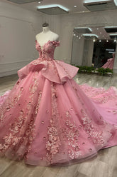 Ostty Blush Pink Off Shoulder 3D Floral Quinceañera Dress OST-QN004-25 (Wholesale)