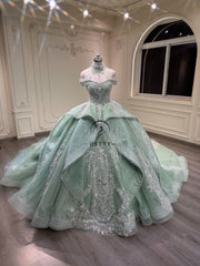 Ostty Mint Green Quinceañera Dress with Pearl Beading and Cathedral Train OST-QN063-25 (Wholesale)