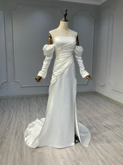 Ostty Asymmetrical Satin Wedding Dress with Puff Sleeves OST-AS009-25 (Wholesale)