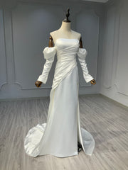 Ostty Asymmetrical Satin Wedding Dress with Puff Sleeves OST-AS009-25 (Wholesale)