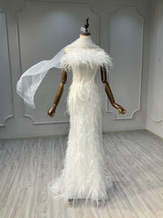 Ostty Feathered Couture Sheath Wedding Dress with Side Cape OST-FR027-25 (Wholesale)