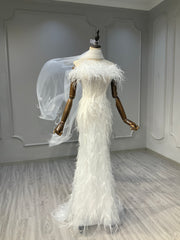 Ostty Feathered Couture Sheath Wedding Dress with Side Cape OST-FR027-25 (Wholesale)