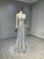 Ostty Vintage Grey Embroidered Wedding Dress with Long Sleeves OST-GV023-25 (Wholesale)