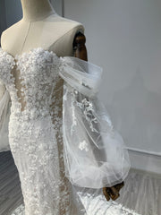 Ostty Puff Sleeve Floral Lace Wedding Dress with Illusion Neckline OST-LV007-25 (Wholesale)