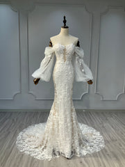 Ostty Puff Sleeve Floral Lace Wedding Dress with Illusion Neckline OST-LV007-25 (Wholesale)