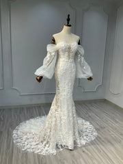 Ostty Puff Sleeve Floral Lace Wedding Dress with Illusion Neckline OST-LV007-25 (Wholesale)