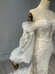 Ostty Puff Sleeve Floral Lace Wedding Dress with Illusion Neckline OST-LV007-25 (Wholesale)