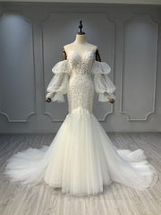Ostty Puffy Sleeve Fishtail Wedding Dress with Beaded Bodice OST-MF017-25 (Wholesale)