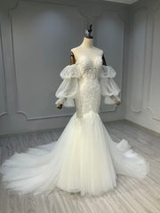 Ostty Puffy Sleeve Fishtail Wedding Dress with Beaded Bodice OST-MF017-25 (Wholesale)