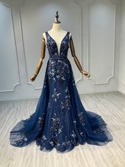 Ostty Navy Deep V Sequin Floral Evening Gown OST-NT019-25 (Wholesale)