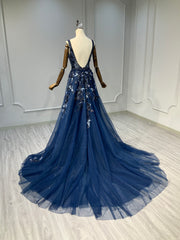 Ostty Navy Deep V Sequin Floral Evening Gown OST-NT019-25 (Wholesale)