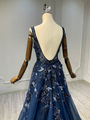Ostty Navy Deep V Sequin Floral Evening Gown OST-NT019-25 (Wholesale)