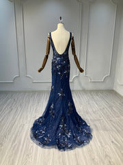 Ostty Navy Deep V Sequin Floral Evening Gown OST-NT019-25 (Wholesale)