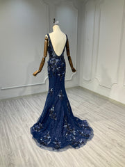 Ostty Navy Deep V Sequin Floral Evening Gown OST-NT019-25 (Wholesale)