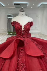 Ostty Red Off Shoulder 3D Floral Quinceañera Dress OST-QN001-25 (Wholesale)