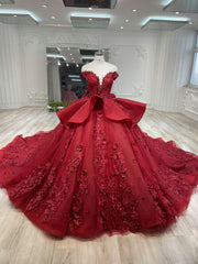 Ostty Red Off Shoulder 3D Floral Quinceañera Dress OST-QN001-25 (Wholesale)