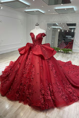 Ostty Red Off Shoulder 3D Floral Quinceañera Dress OST-QN001-25 (Wholesale)