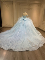 Ostty Ice Blue Glitter Tulle Quinceañera Dress with Side Ruffles OST-QN014-25 (Wholesale)