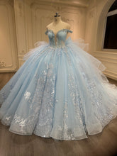 Ostty Ice Blue Glitter Tulle Quinceañera Dress with Side Ruffles OST-QN014-25 (Wholesale)