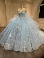 Ostty Ice Blue Glitter Tulle Quinceañera Dress with Side Ruffles OST-QN014-25 (Wholesale)