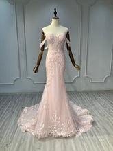 Ostty Blush Pink Off-Shoulder Lace Wedding Dress with Train OST-RP008-25 (Wholesale)