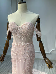 Ostty Blush Pink Off-Shoulder Lace Wedding Dress with Train OST-RP008-25 (Wholesale)