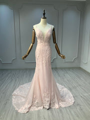 Ostty Blush Pink Spaghetti Strap Lace Wedding Dress OST-RV010-25 (Wholesale)