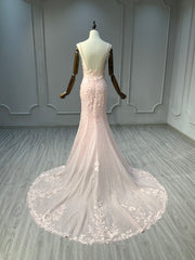 Ostty Blush Pink Spaghetti Strap Lace Wedding Dress OST-RV010-25 (Wholesale)