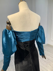 Ostty Velvet Evening Gown with Blue Satin Sleeves OST-VB028-25 (Wholesale)