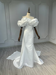 Ostty White Satin Off-Shoulder Gown with Ruffle Sleeves OST-WH015-25 (Wholesale)