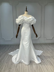 Ostty White Satin Off-Shoulder Gown with Ruffle Sleeves OST-WH015-25 (Wholesale)