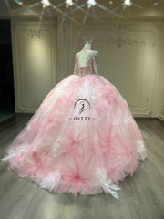 Ostty Blush Butterfly Quinceañera Dress with 3D Floral Skirt and Beaded Illusion Sleeves OST-QN066-25 (Wholesale)