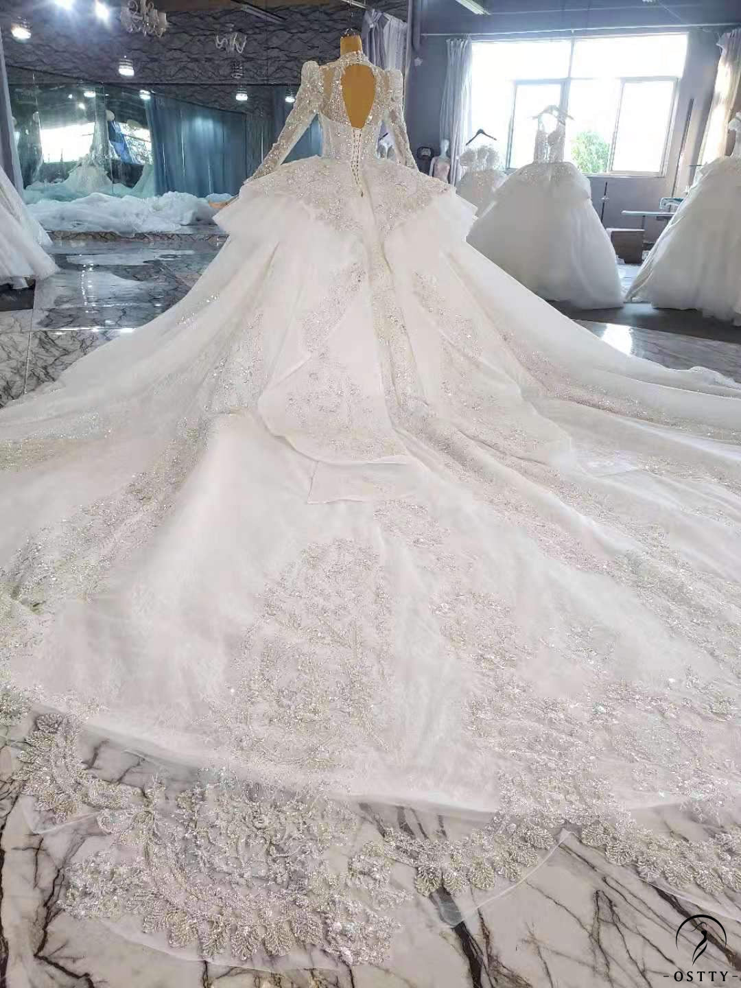 Ball Gown Tulle Appliques Long Sleeve Wedding Dress With Train OSA0816 - White Wedding Dresses $899.99