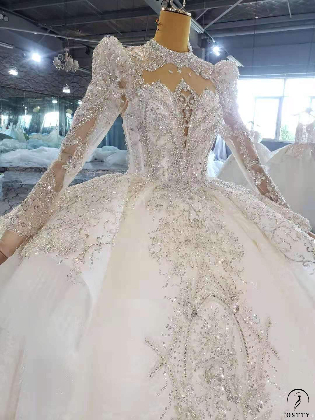 Ball Gown Tulle Appliques Long Sleeve Wedding Dress With Train OSA0816 - White Wedding Dresses $899.99
