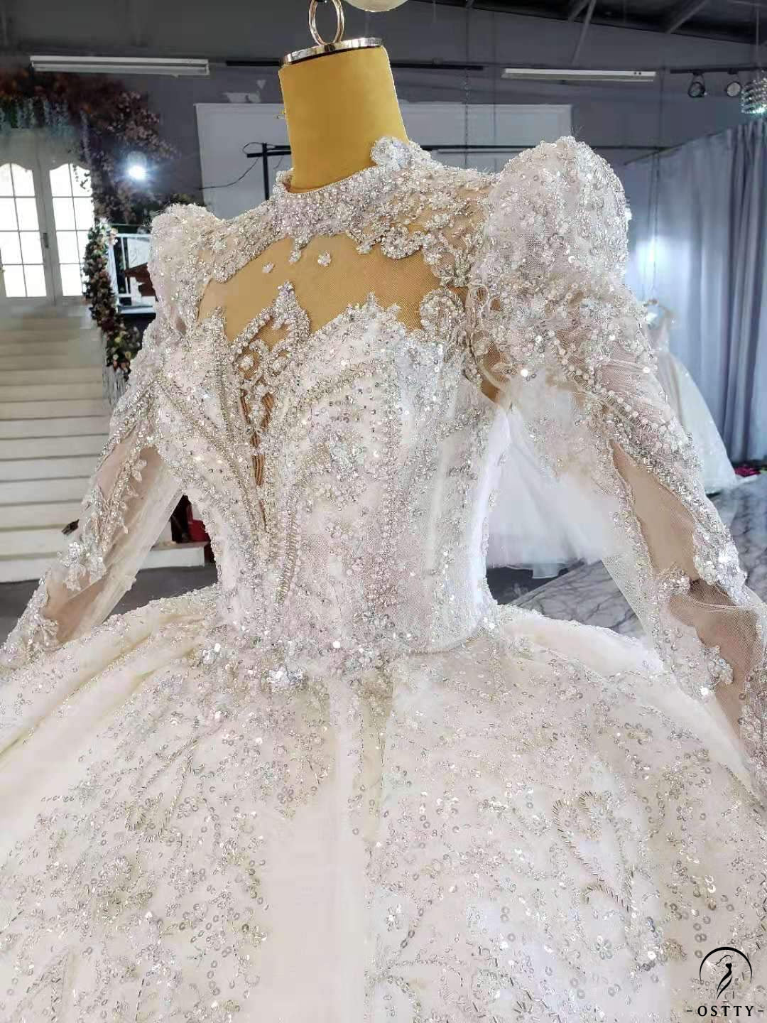 Ball Gown Tulle Appliques Long Sleeve Wedding Dress With Train OSA0816 - White Wedding Dresses $899.99