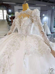 Ball Gown Tulle Appliques Long Sleeve Wedding Dress With Train OSA0816 - White Wedding Dresses $899.99